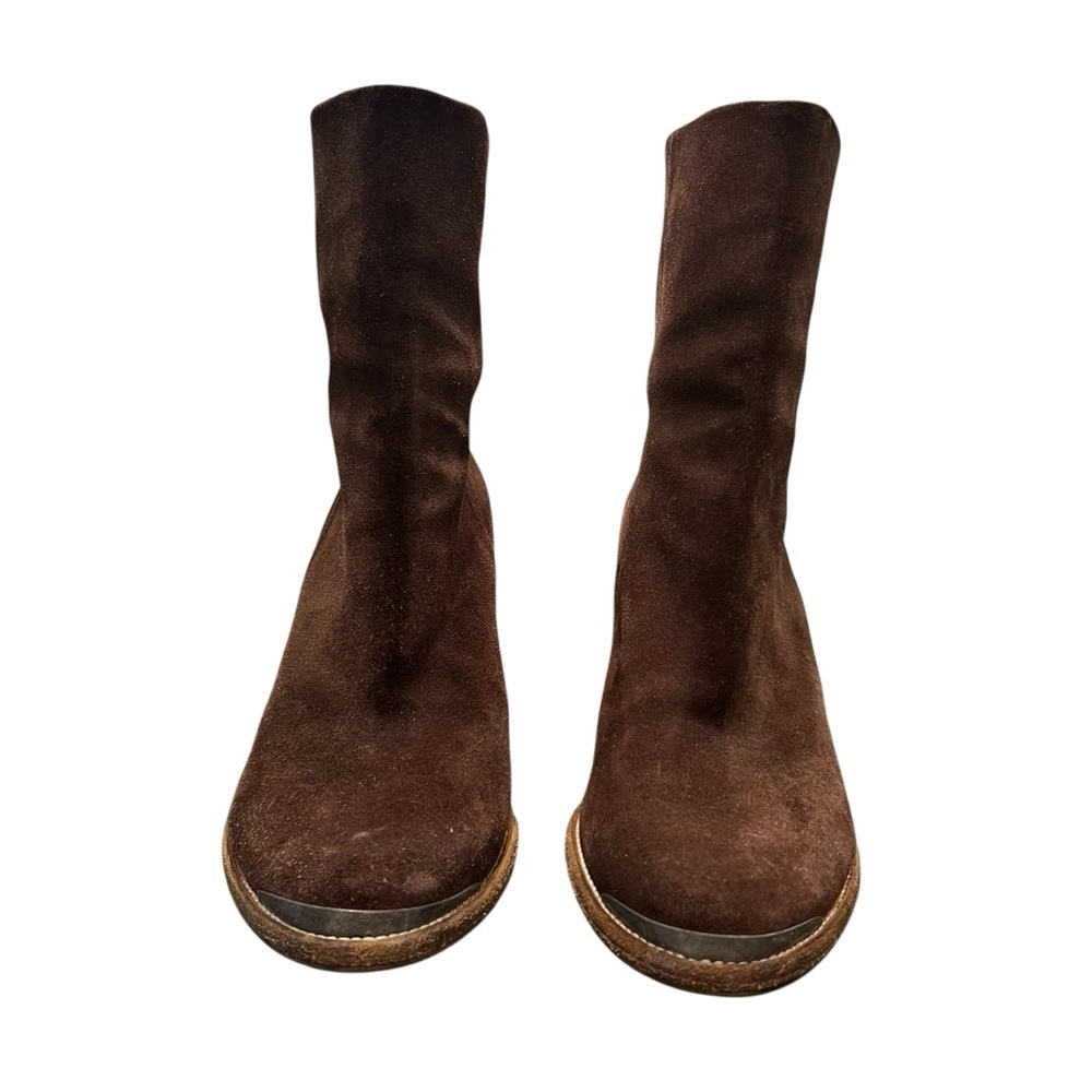 ALLSAINTS Suede Leather Boots Stacked Heel Booties Chocolate Brown Size 39 - Picture 4 of 12